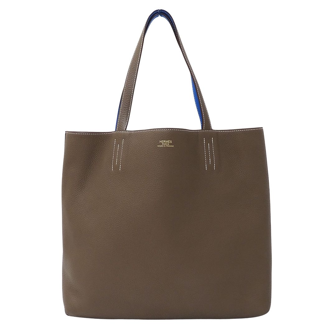 Hermes Tote Bag Double Sens 45 Taurillon Clemence Etoupe Blue Reversible