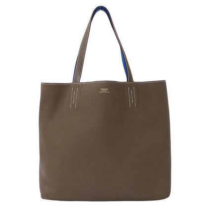 Hermes Tote Bag Double Sens 45 Taurillon Clemence Etoupe Blue Reversible