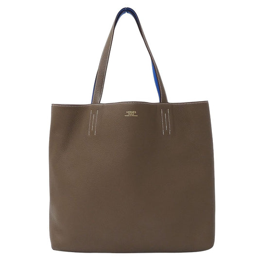 Hermes Tote Bag Double Sens 45 Taurillon Clemence Etoupe Blue Reversible