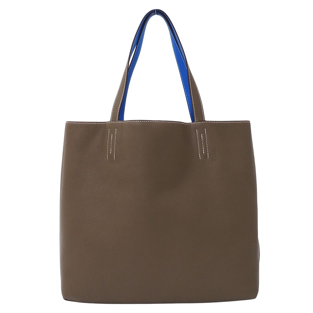 Hermes Tote Bag Double Sens 45 Taurillon Clemence Etoupe Blue Reversible — view 2