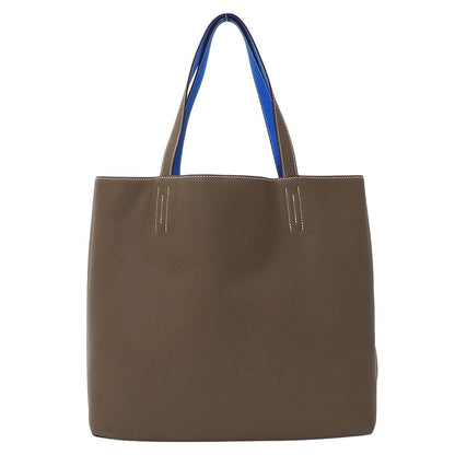 Hermes Tote Bag Double Sens 45 Taurillon Clemence Etoupe Blue Reversible — view 2