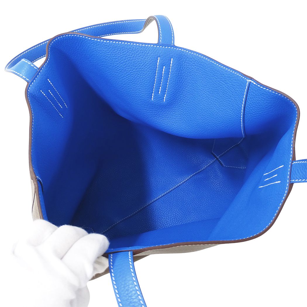 Hermes Tote Bag Double Sens 45 Taurillon Clemence Etoupe Blue Reversible — view 5