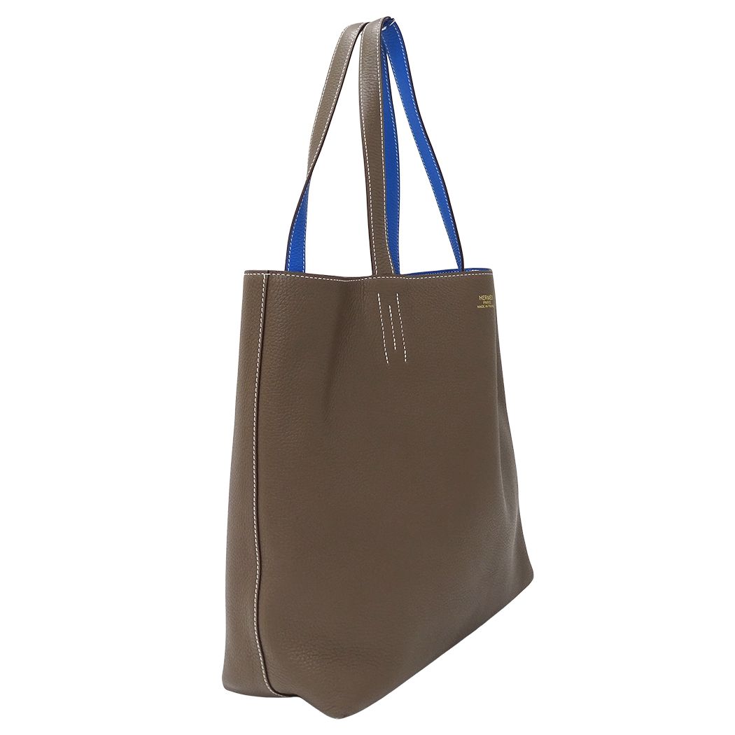 Hermes Tote Bag Double Sens 45 Taurillon Clemence Etoupe Blue Reversible — view 4