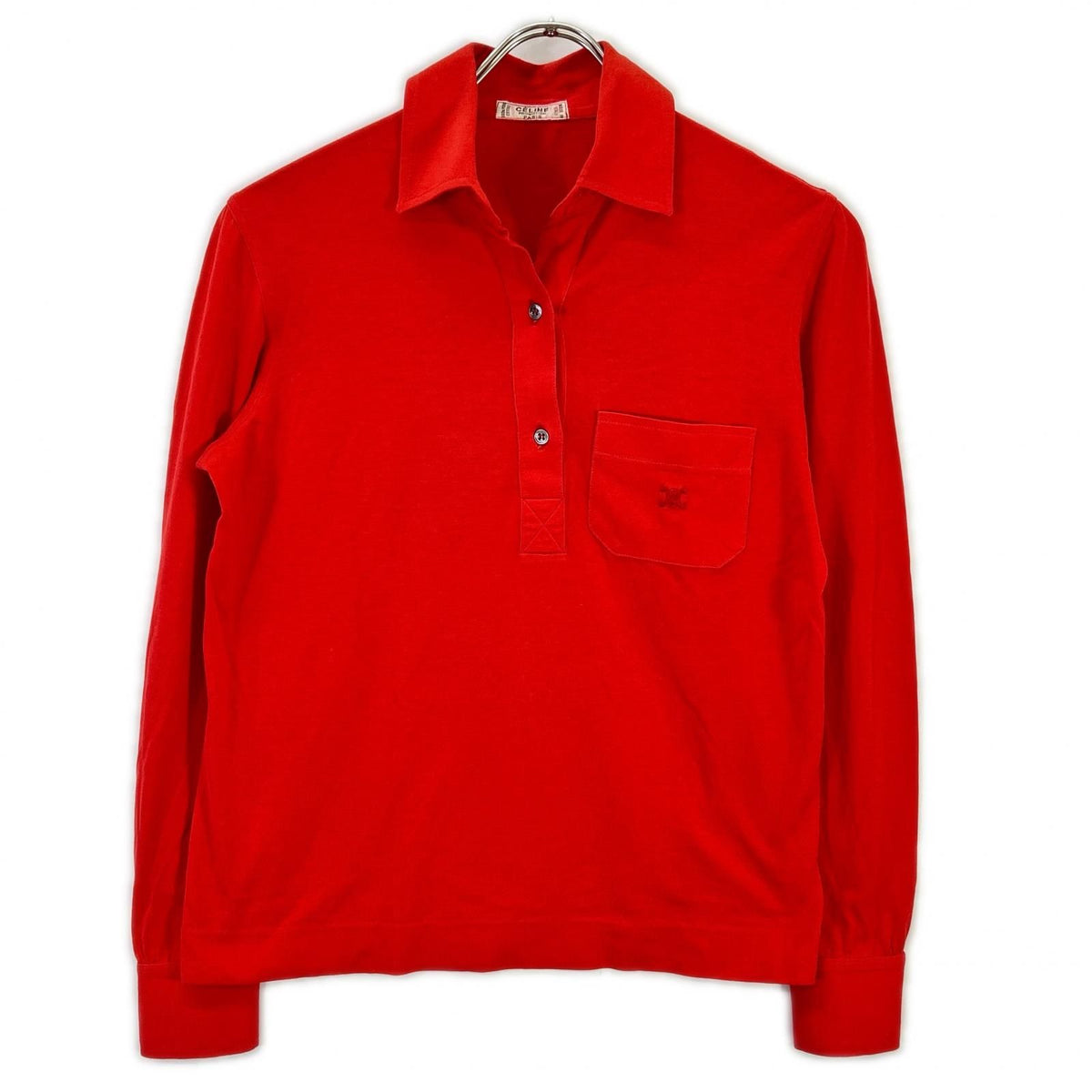 Celine Red Vintage Triomphe Embroidery Long Sleeve Polo