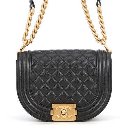 Chanel Chain Shoulder Bag Quilted CC Logo Boy Small Caviar Leather 2-Way Black