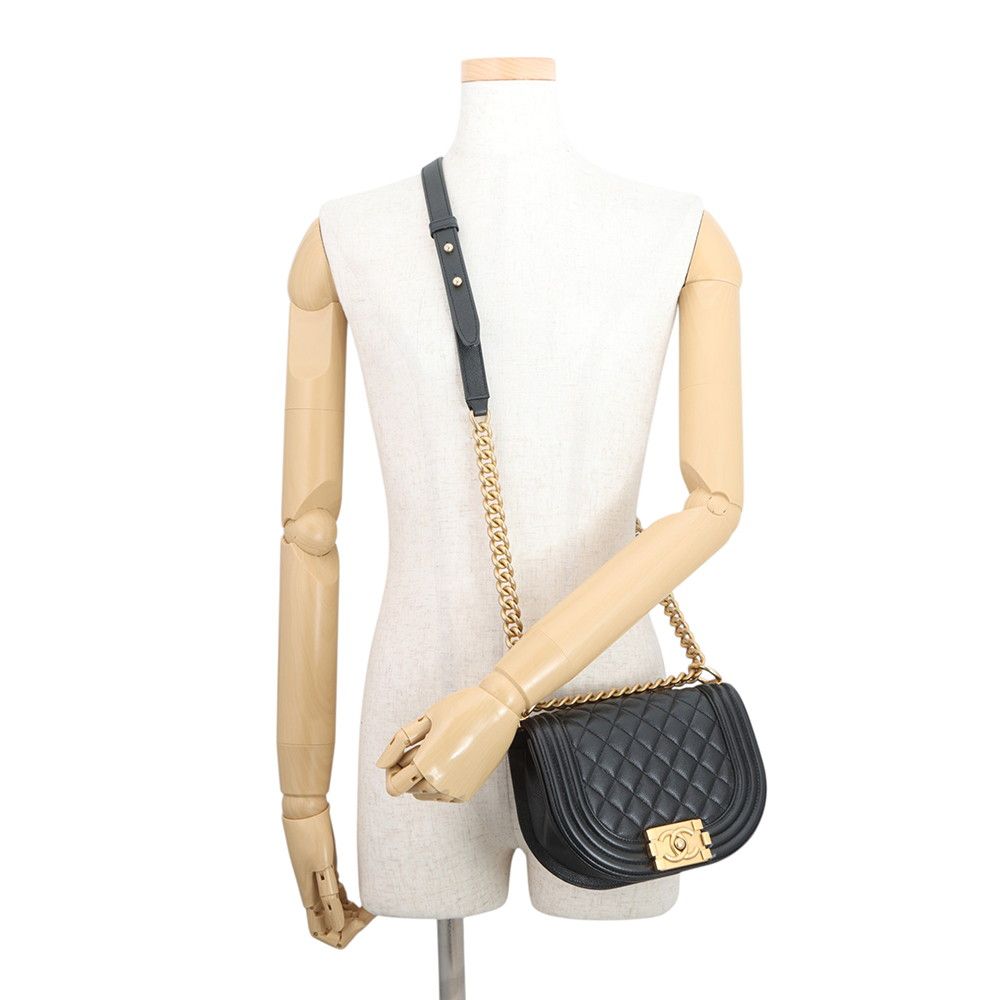 Chanel Chain Shoulder Bag Quilted CC Logo Boy Small Caviar Leather 2-Way Black — view 5