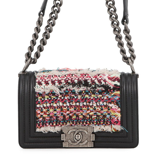 Chanel Chain Shoulder Bag Boy Small Quilted CC Logo Lambskin Tweed Black