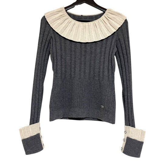 Chanel 07A Frill Color Long Sleeve Wool Wide Rib Knit Gray Beige Sweater