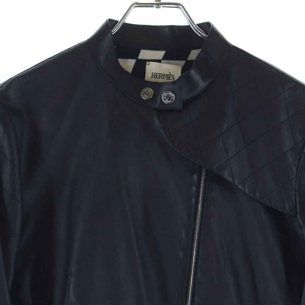 Hermes Sellier Button Optical Lambskin Single Rider's Jacket Navy — view 3