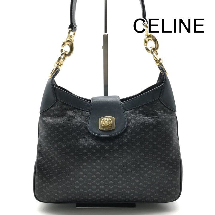 Celine Macadam Triomphe Turnlock Leather Shoulder Bag Navy