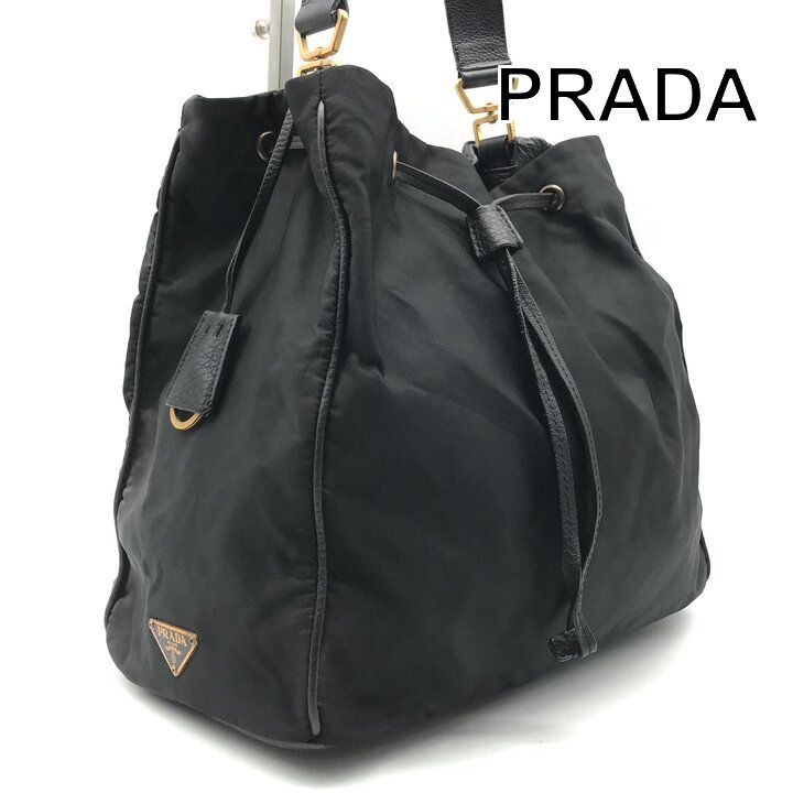 Prada Nylon Leather Drawstring Shoulder Bag Black