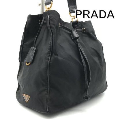 Prada Nylon Leather Drawstring Shoulder Bag Black