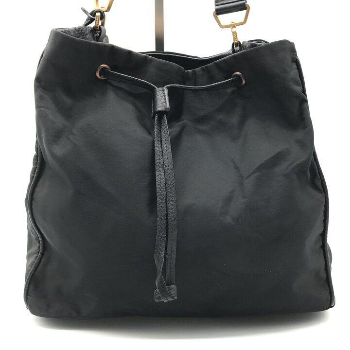 Prada Nylon Leather Drawstring Shoulder Bag Black — view 3