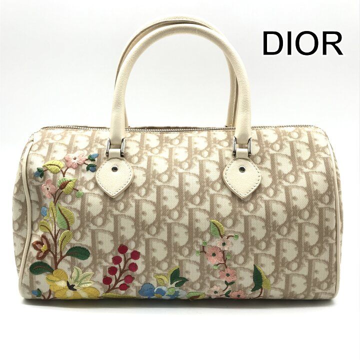 Dior Trotter Leather Flower Embroidery Mini Hand Bag Beige