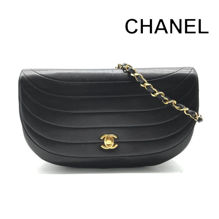 Chanel CC Logo Leather Half Moon Turnlock Chain Shoulder Bag Black
