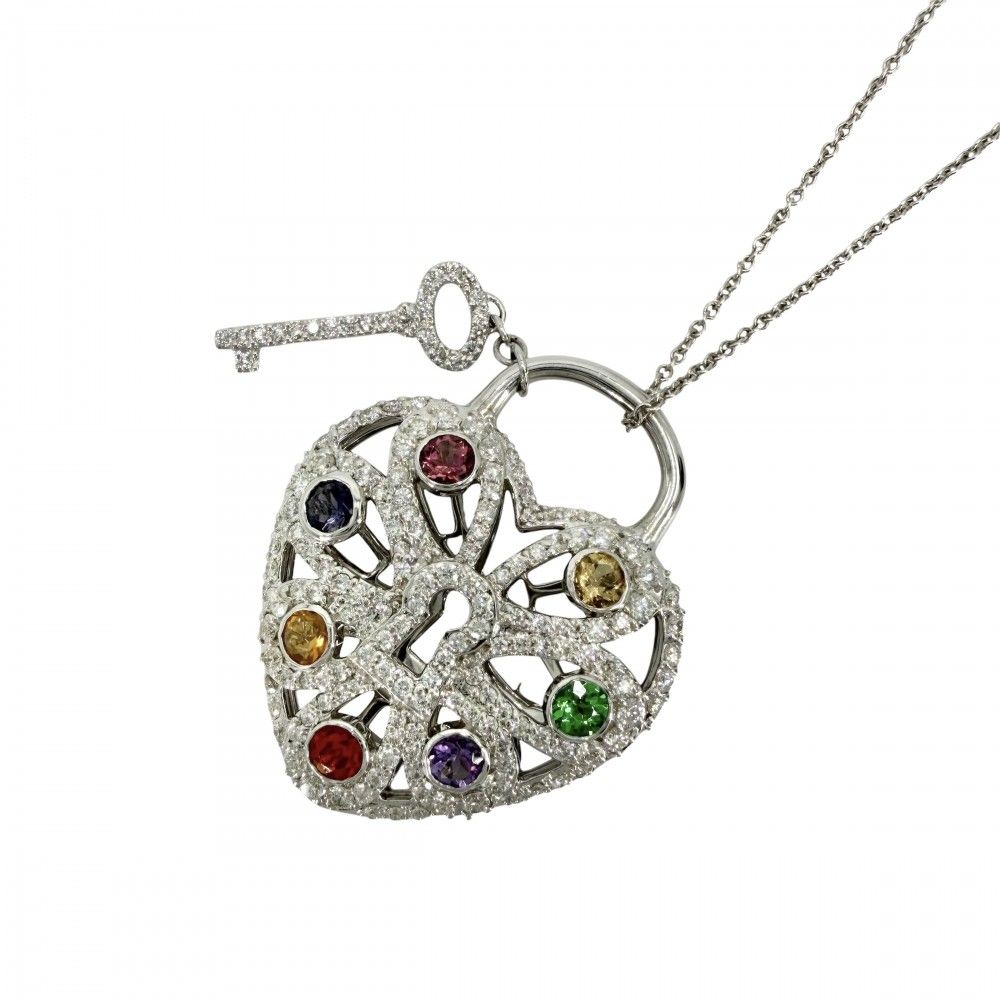 Tiffany & Co Necklace Filigree Padlock Motif Heart 18K White Gold 750 White Gold Diamond