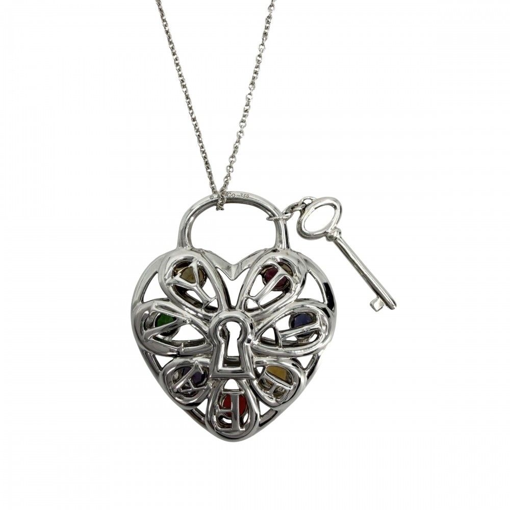 Tiffany & Co Necklace Filigree Padlock Motif Heart 18K White Gold 750 White Gold Diamond — view 2