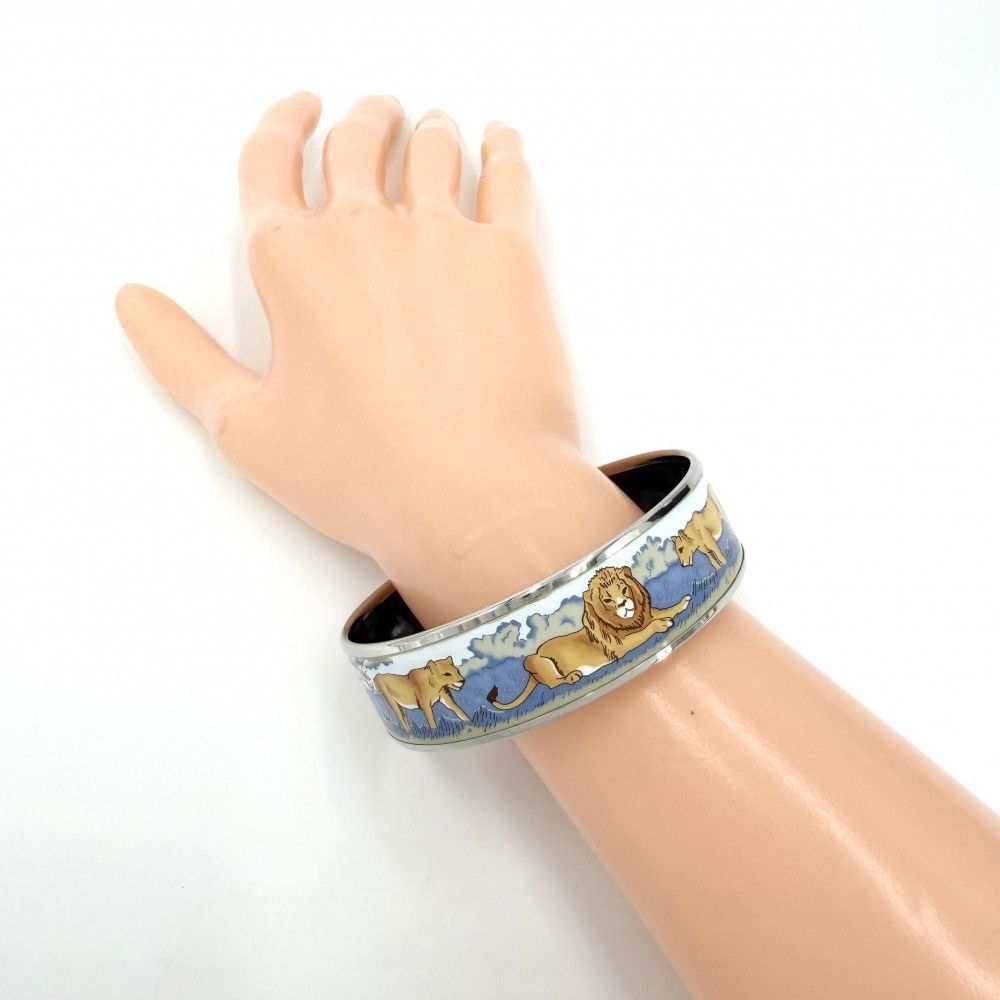 Hermes Bangle Enamel GM Bracelet Lion Cloisonne Blue Black Silver — view 2