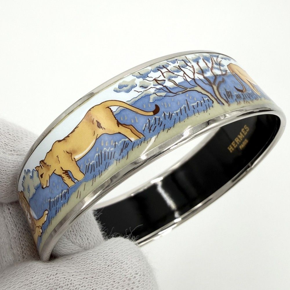 Hermes Bangle Enamel GM Bracelet Lion Cloisonne Blue Black Silver — view 4