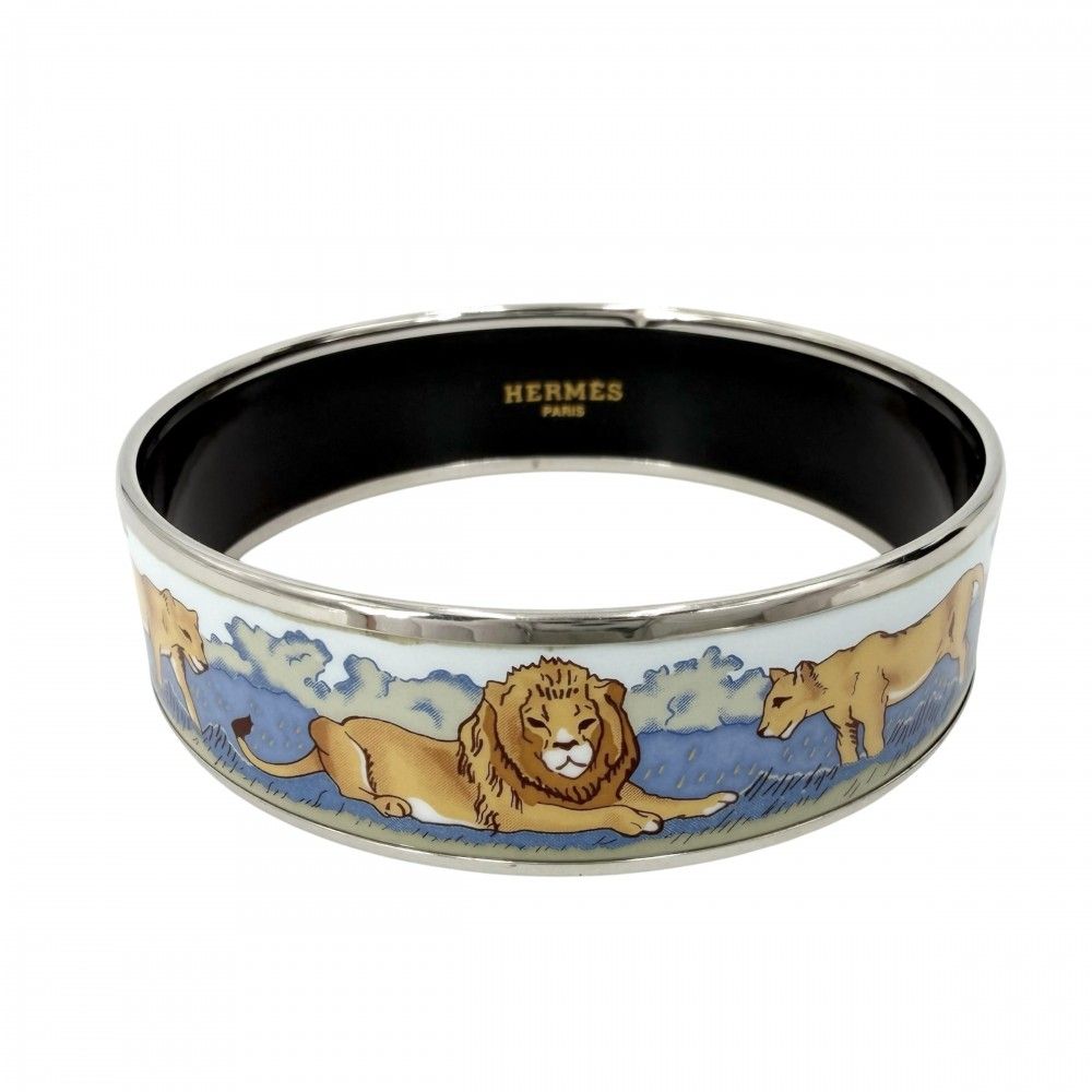 Hermes Bangle Enamel GM Bracelet Lion Cloisonne Blue Black Silver