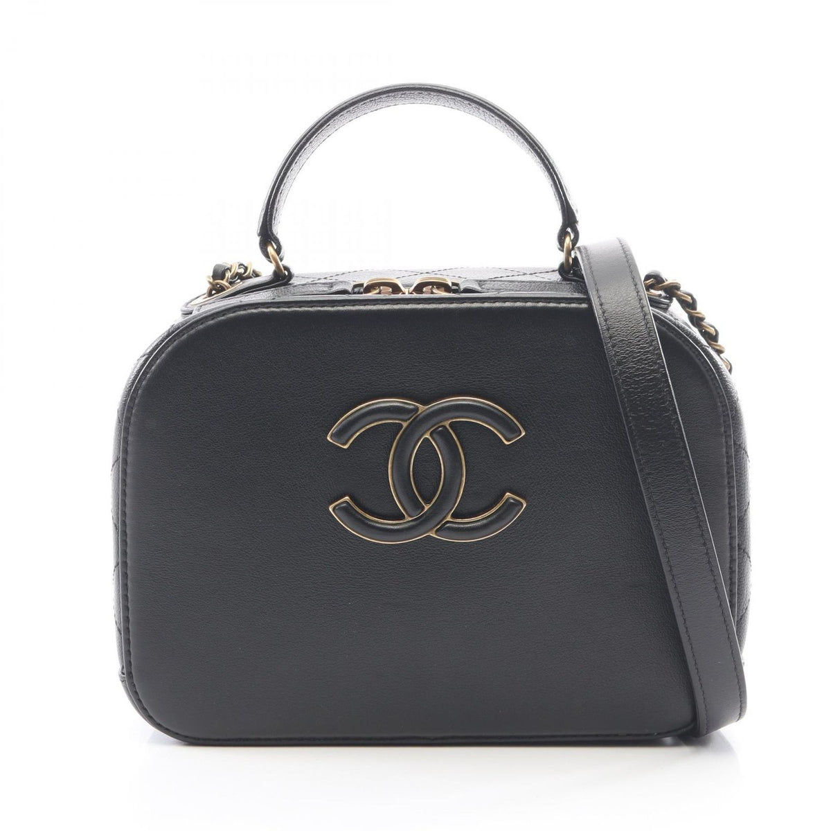 Chanel Shoulder Bag Quilted Vanity 2-Way Black Leather CC Logo Chain