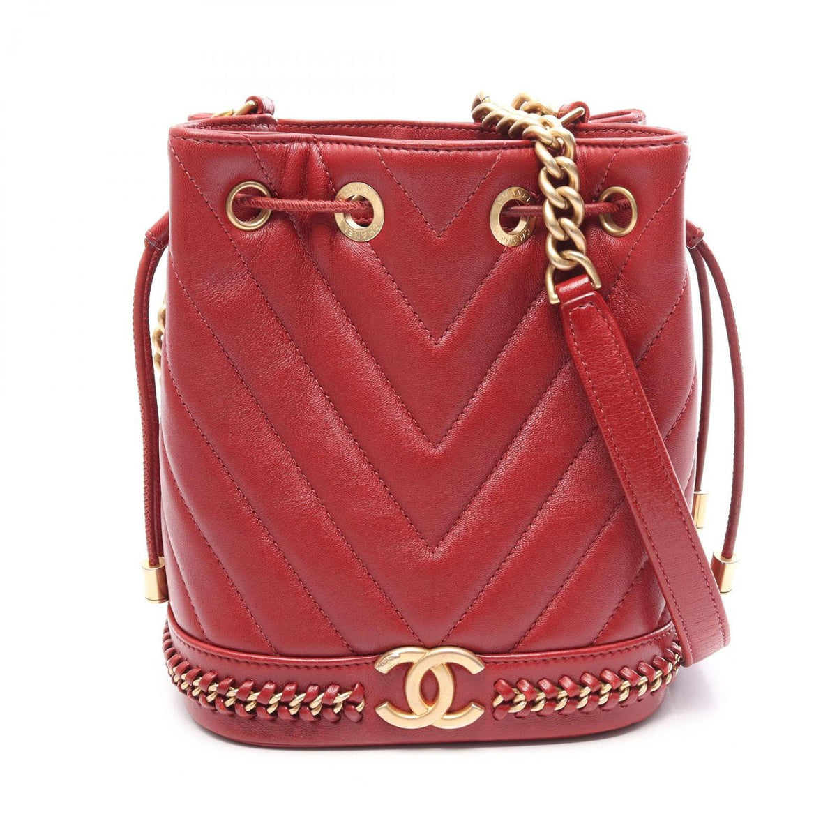 Chanel Shoulder Bag Chevron V-Stitch Drawstring Wine Red Leather