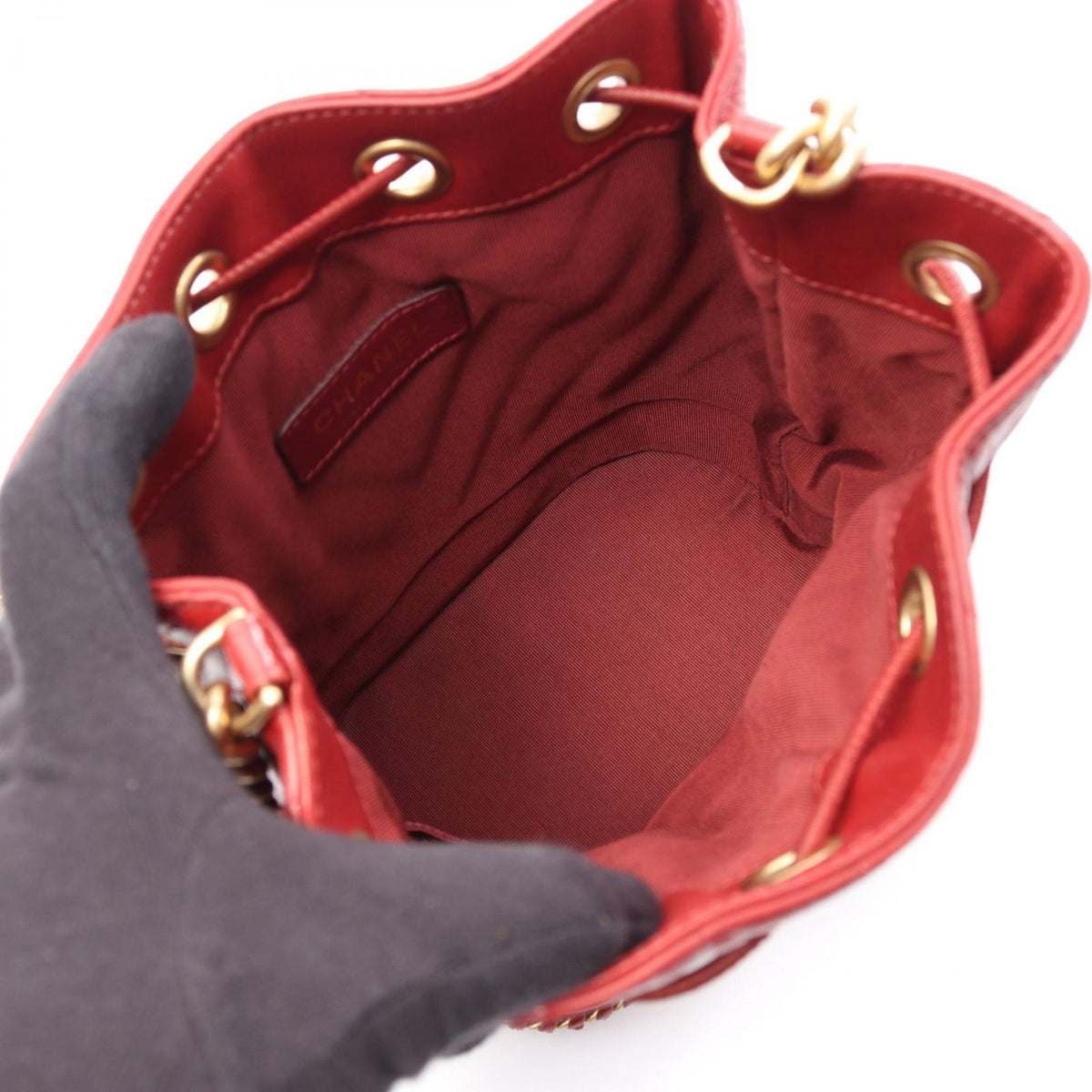 Chanel Shoulder Bag Chevron V-Stitch Drawstring Wine Red Leather — view 3