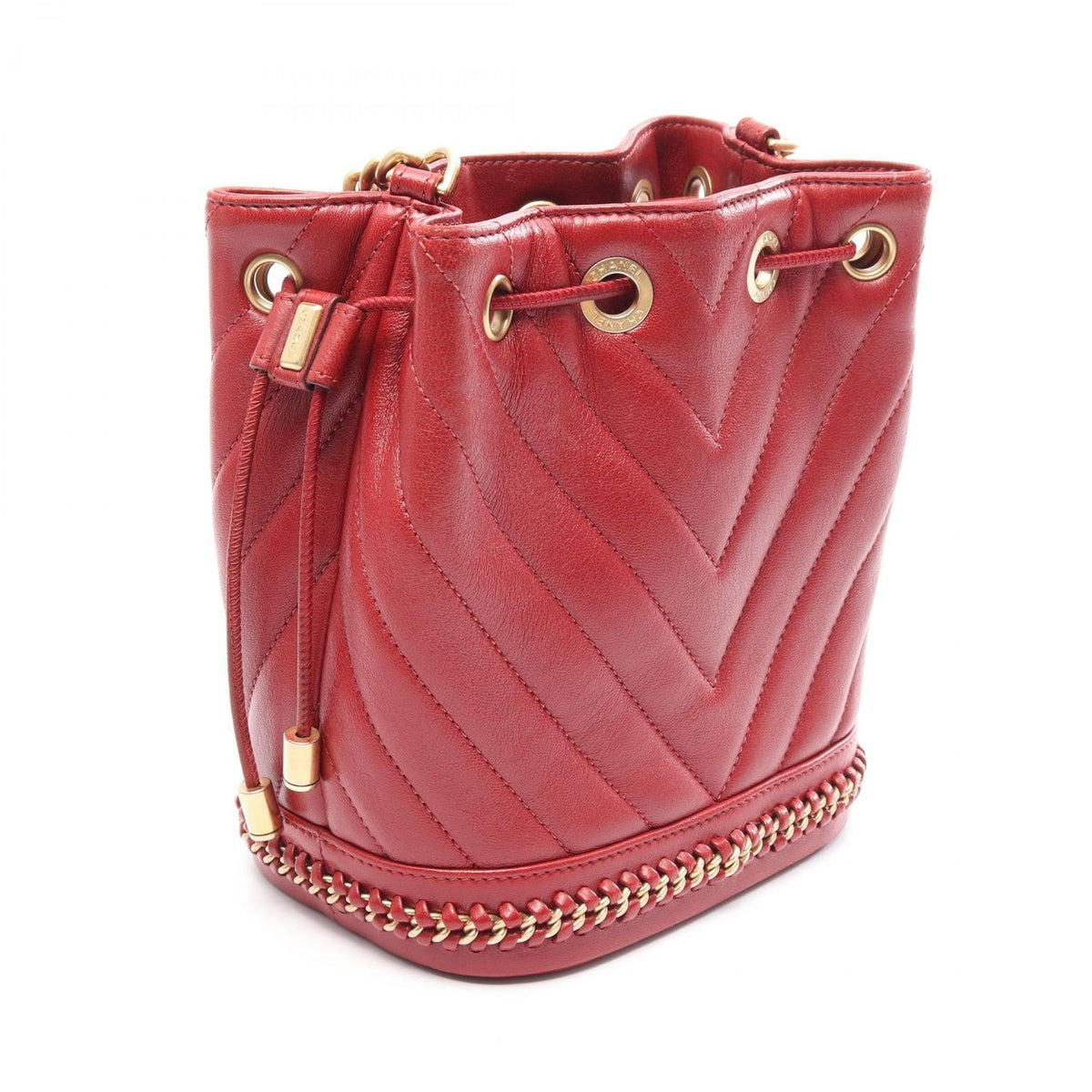 Chanel Shoulder Bag Chevron V-Stitch Drawstring Wine Red Leather — view 2