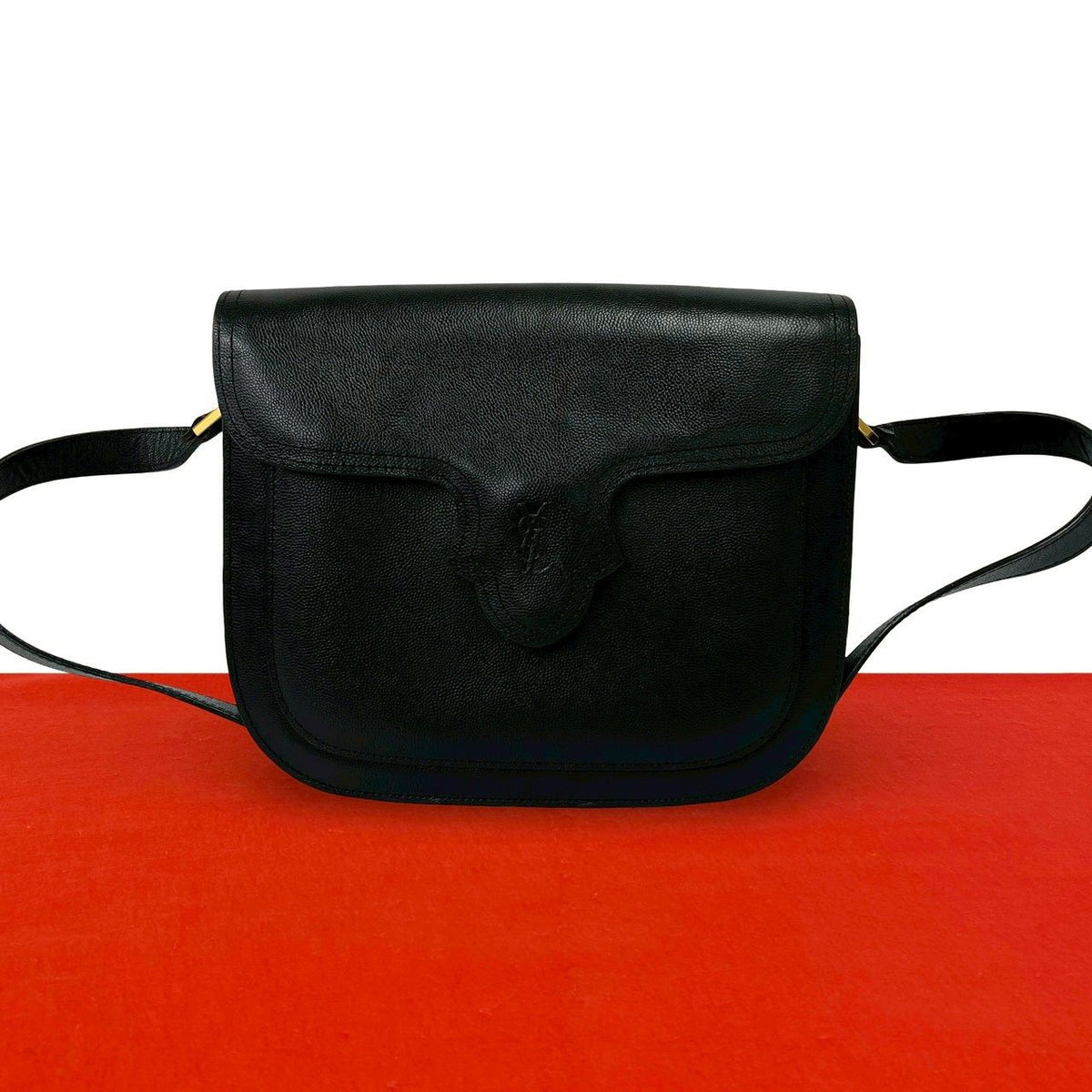 Saint Laurent Vintage YSL Logo Leather Shoulder Bag Semi Black