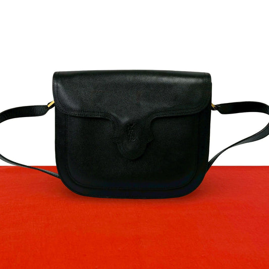 Saint Laurent Vintage YSL Logo Leather Shoulder Bag Semi Black