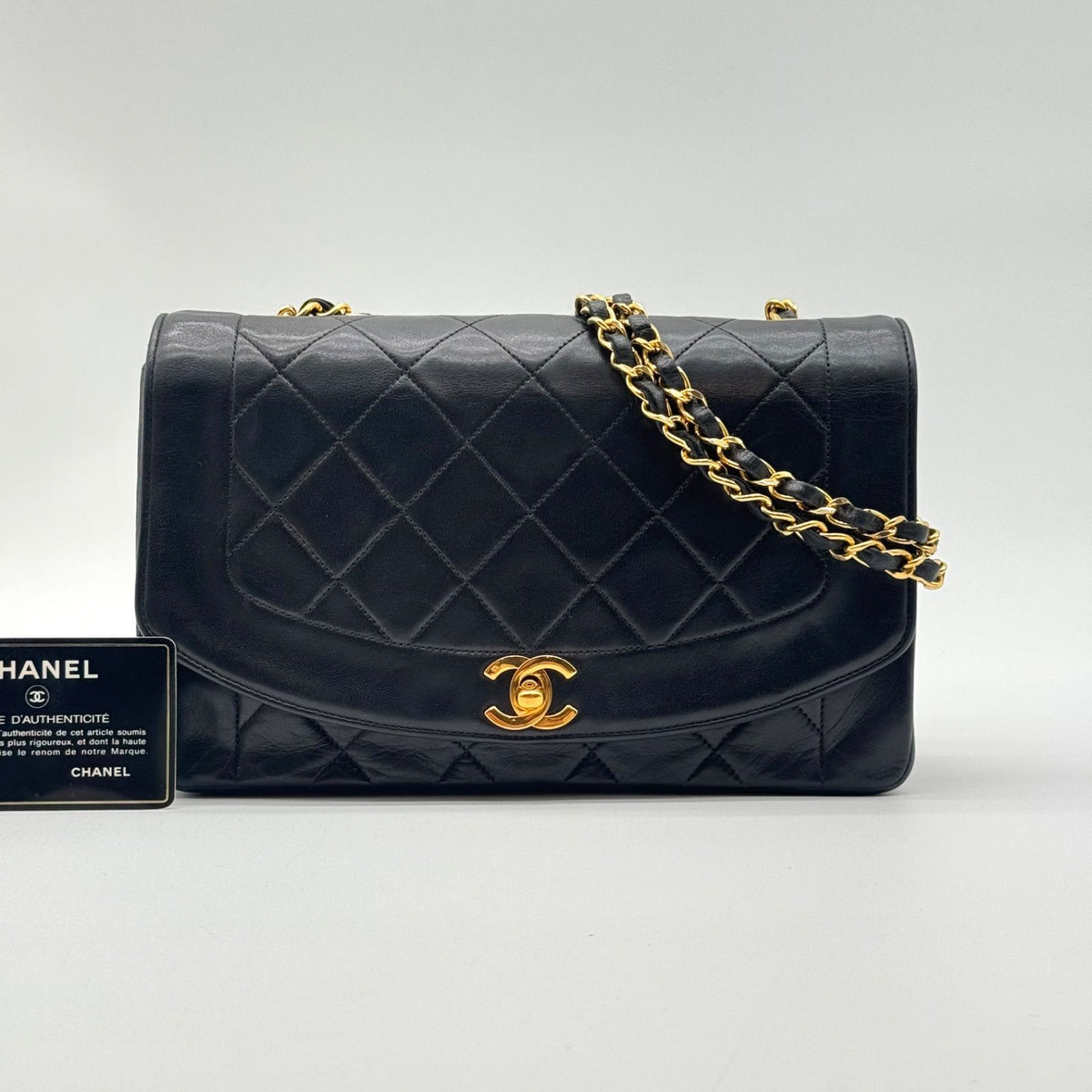 Chanel Large Shoulder Bag Diana Flap Quilted Black Leather CC Logo Turnlock