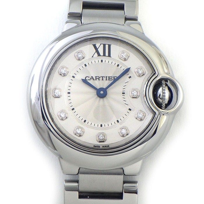 Cartier Watch Baron Blue SM 11 Points Diamond Index Silver Guilloche Dial SS