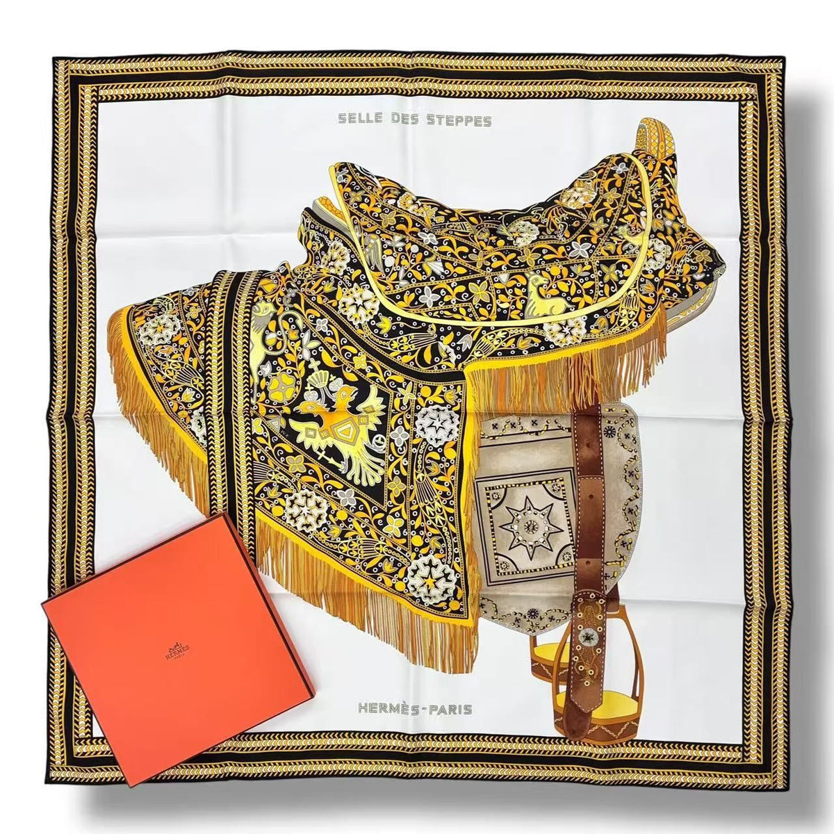 Hermes Scarf Silk Carre 90 Selle Des Steppes Yellow