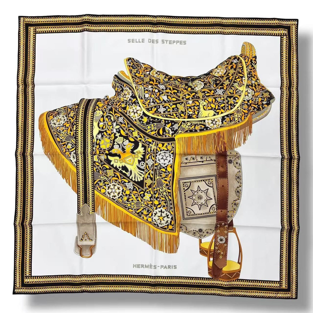 Hermes Scarf Silk Carre 90 Selle Des Steppes Yellow — view 2