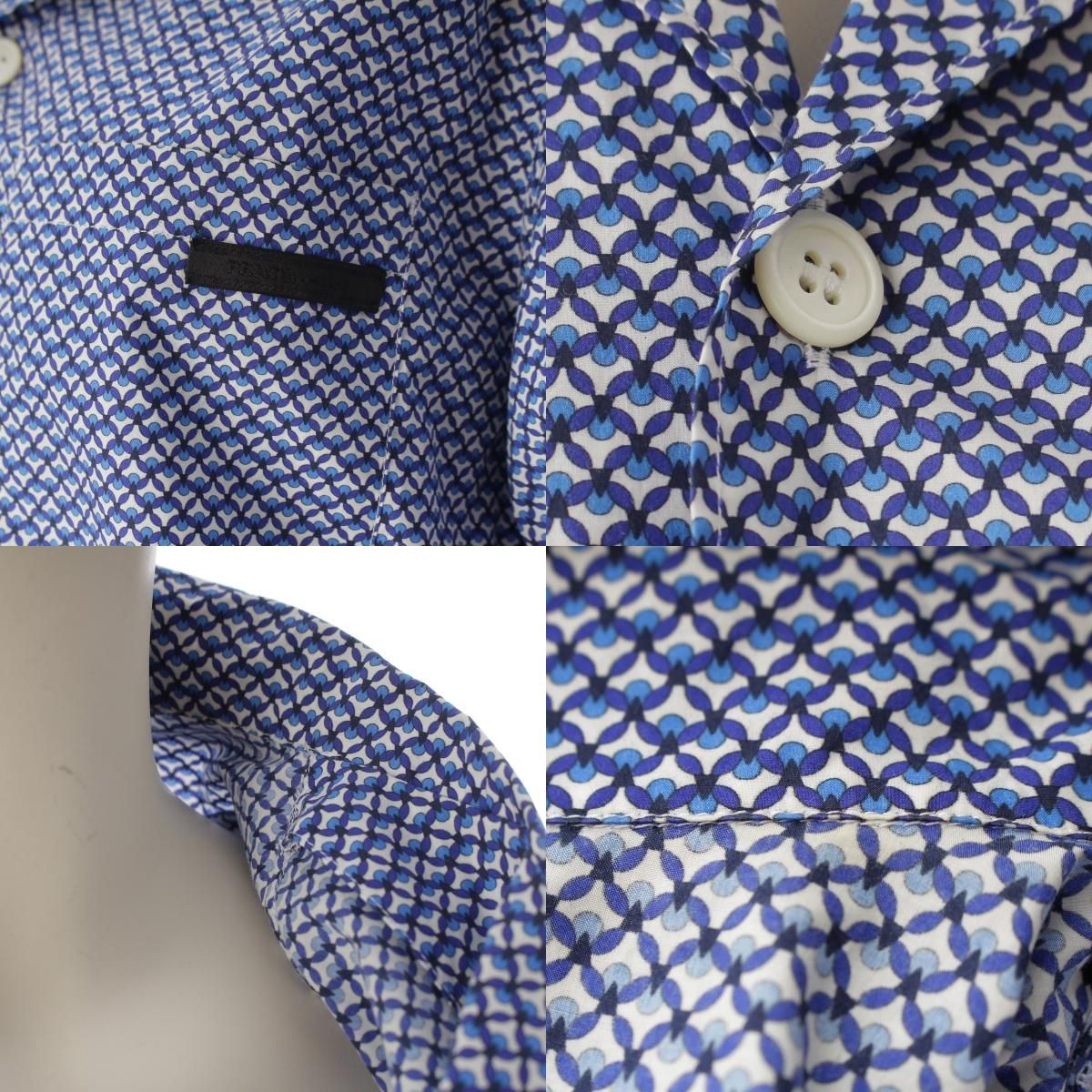Prada Cotton Short Sleeve Open Collar All Over Pattern Short Shirt Top Blue — view 8