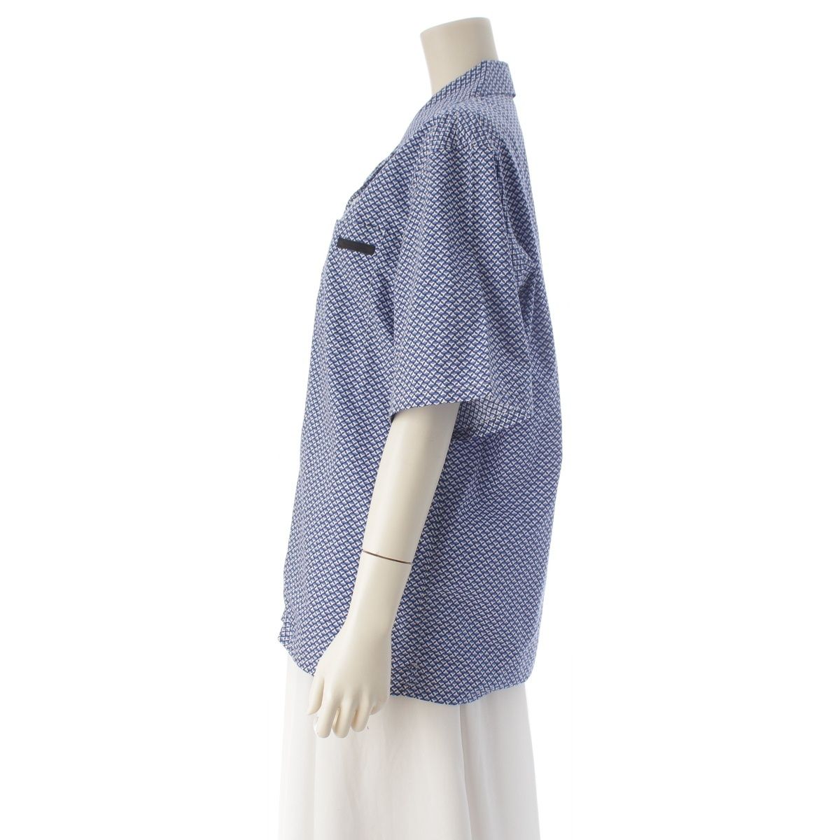 Prada Cotton Short Sleeve Open Collar All Over Pattern Short Shirt Top Blue — view 3