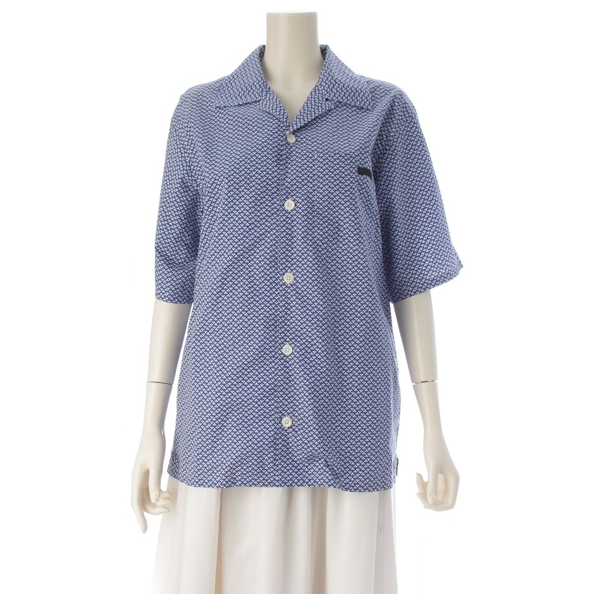 Prada Cotton Short Sleeve Open Collar All Over Pattern Short Shirt Top Blue