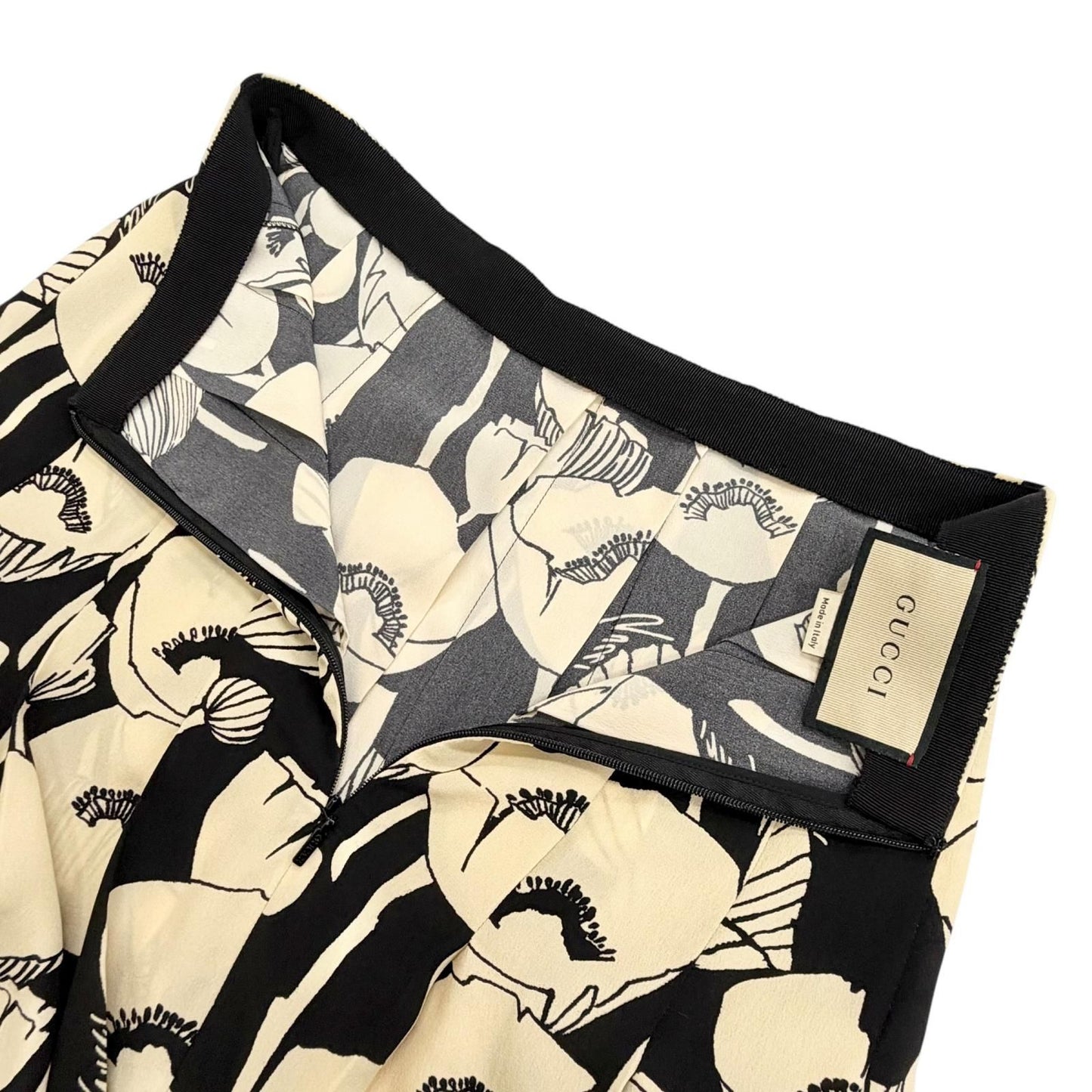 Gucci 100% Silk Poppy Flower All Over Pattern Long Pleated Skirt Beige Black 38 — view 5
