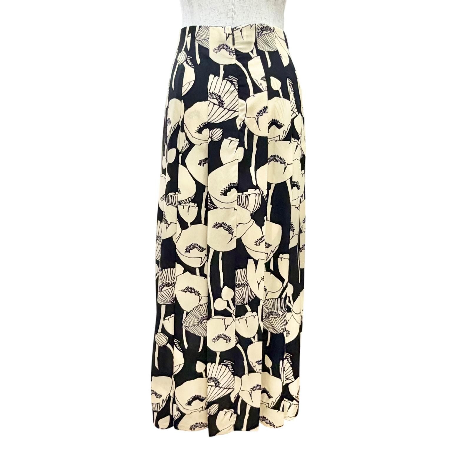 Gucci 100% Silk Poppy Flower All Over Pattern Long Pleated Skirt Beige Black 38
