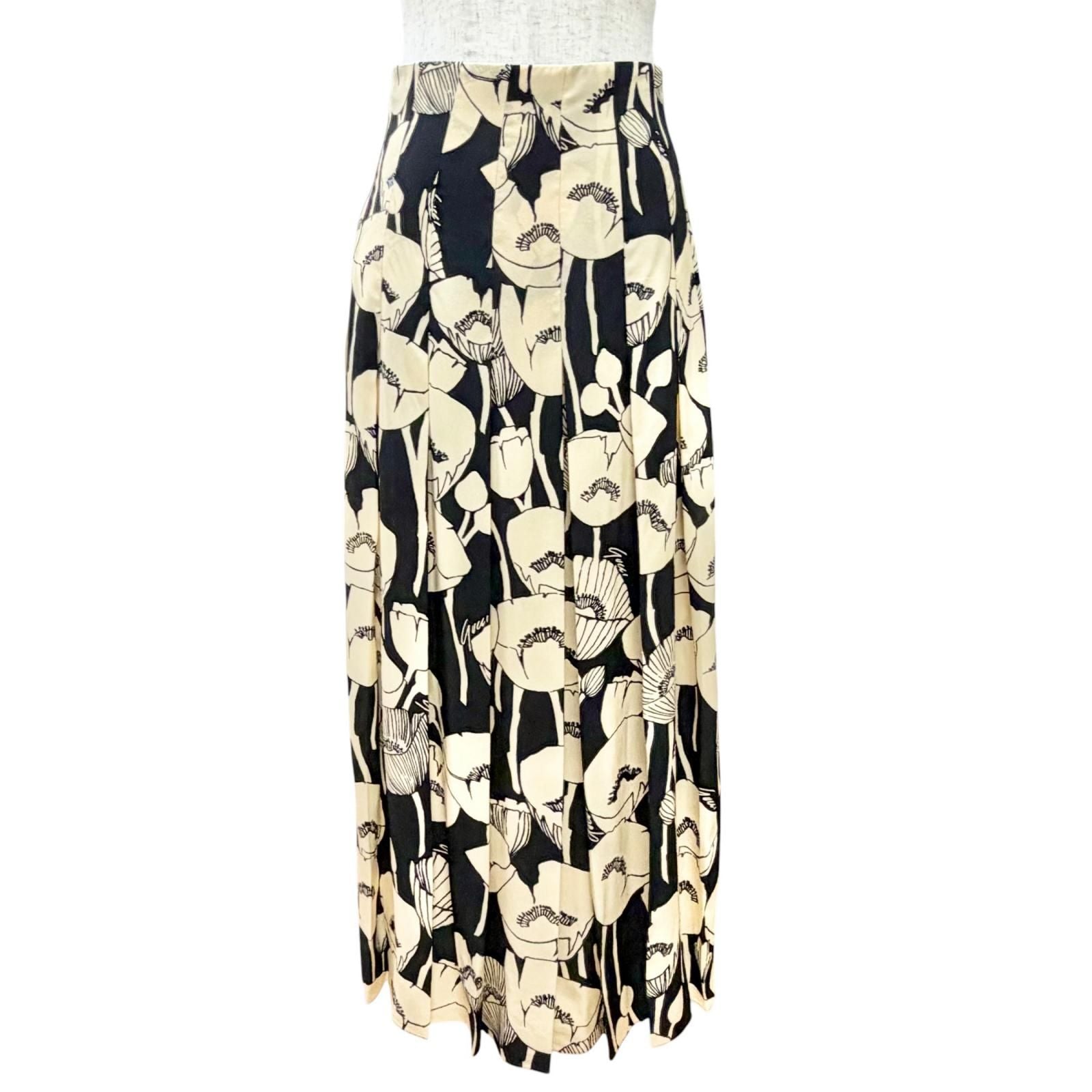 Gucci 100% Silk Poppy Flower All Over Pattern Long Pleated Skirt Beige Black 38 — view 4