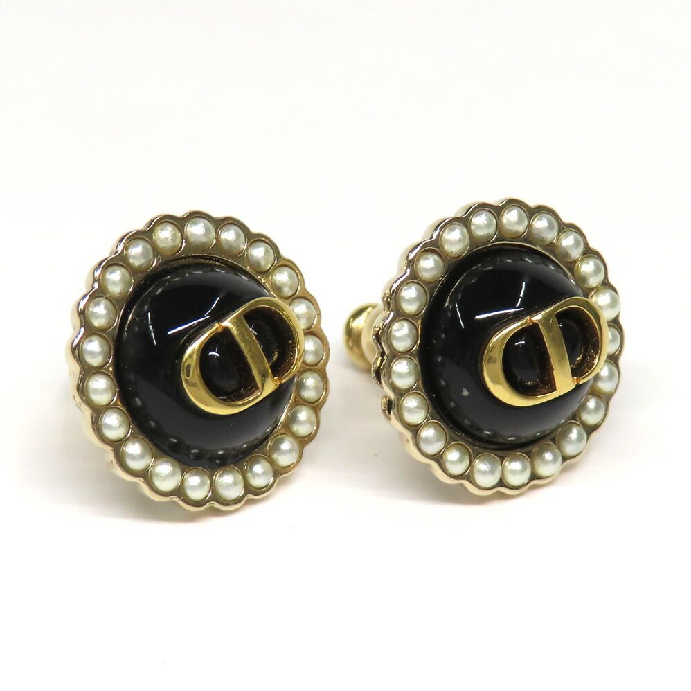 Dior Petit CD Baroque Stud Earrings Metal Resin Pearl Black Gold 1 Pair — view 2