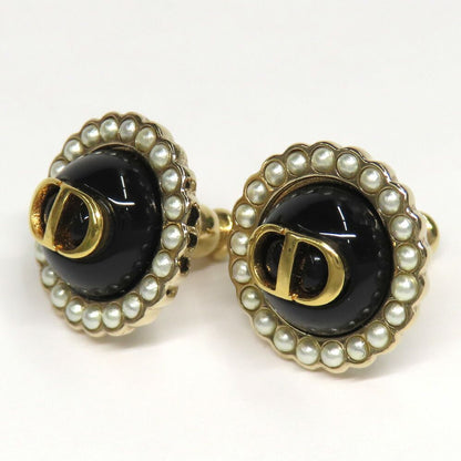 Dior Petit CD Baroque Stud Earrings Metal Resin Pearl Black Gold 1 Pair — view 3