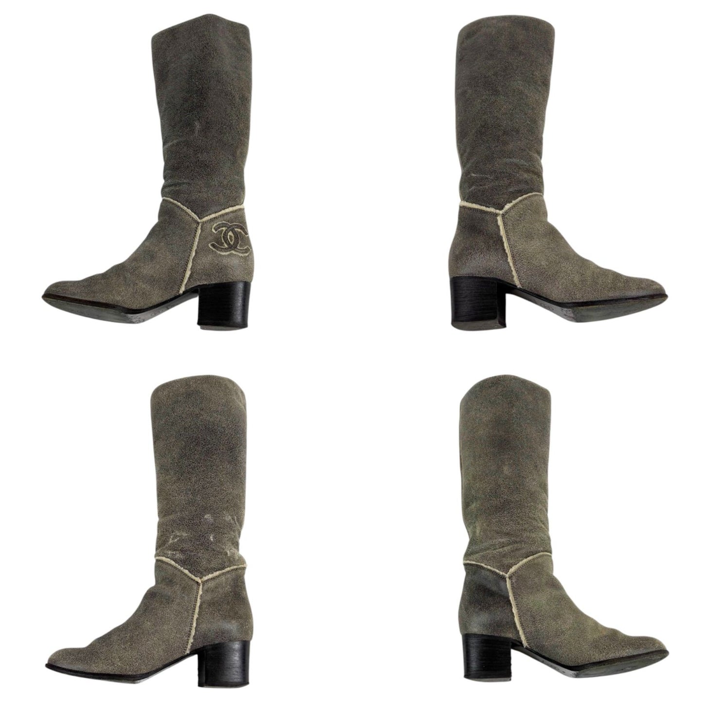 Chanel Accent CC Logo Shearling Long Boots Knee Length Gray 37c — view 6
