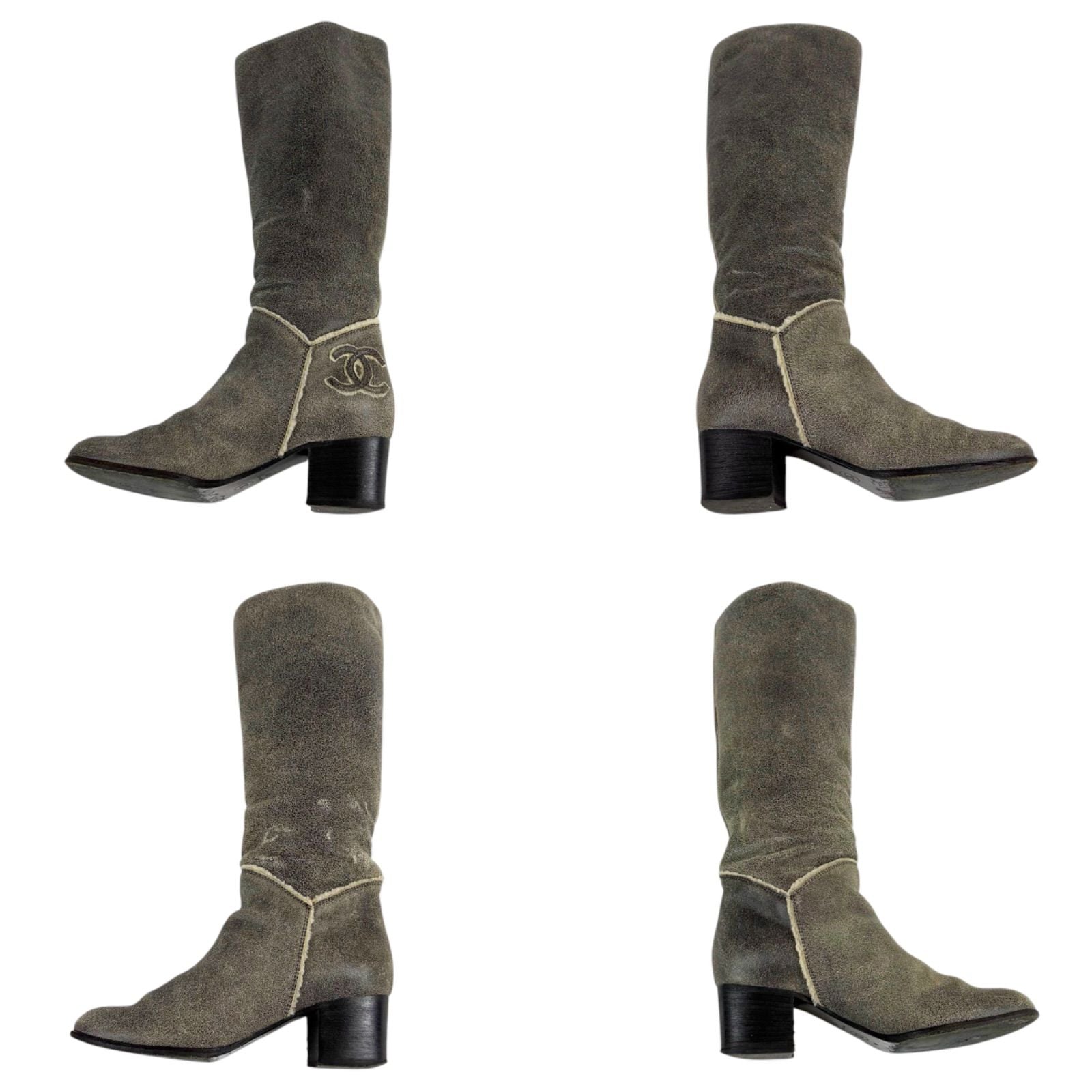 Chanel Accent CC Logo Shearling Long Boots Knee Length Gray 37c — view 6