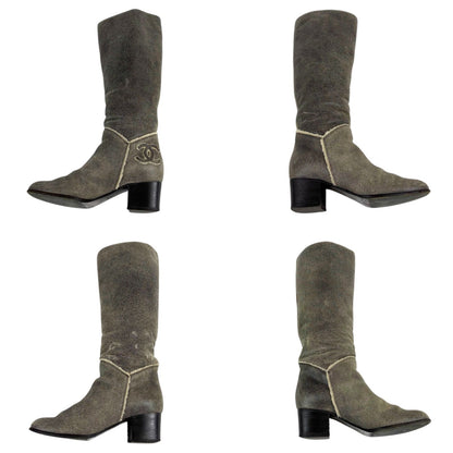 Chanel Accent CC Logo Shearling Long Boots Knee Length Gray 37c — view 6