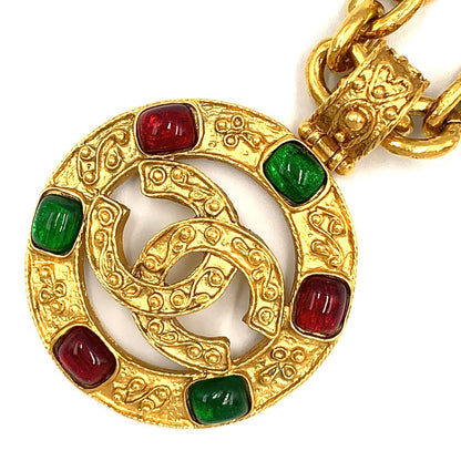 Chanel CC Logo Gripoix Glass Green Gold Red Necklace
