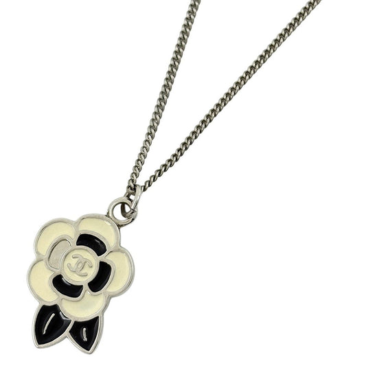 Chanel Camellia Necklace CC Logo Silver Plated