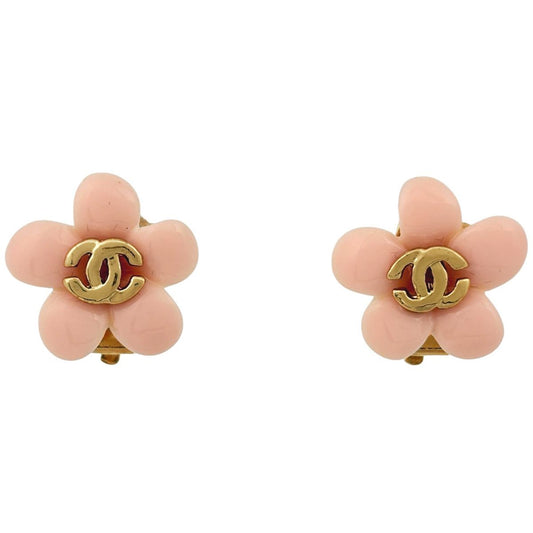 Chanel CC Logo Earrings Flower Gold Plated Pink