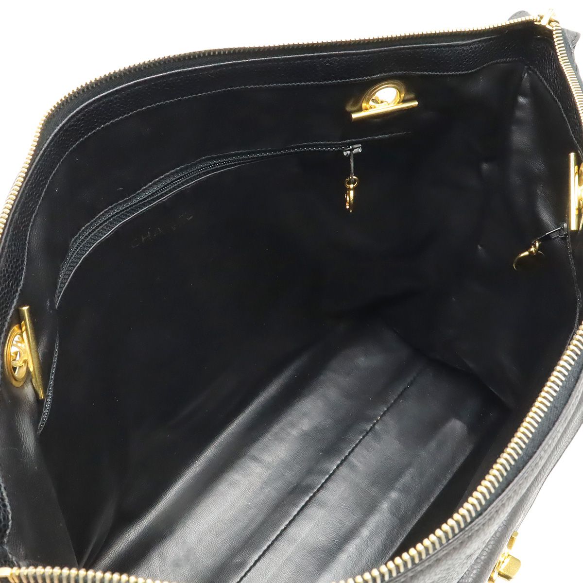 Chanel CC Logo Tote Chain Shoulder Bag Caviar Leather Black Gold — view 6