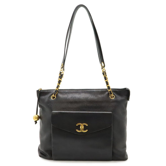 Chanel CC Logo Tote Chain Shoulder Bag Caviar Leather Black Gold